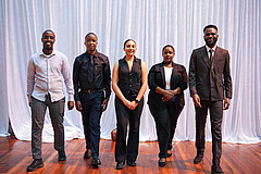 Mitglieder des ersten UKUDLA-Jahrgangs, von der UWC, nahmen an der Veranstaltung teil. Von links nach rechts: Abdirahman Mohamud, Bonga Baleni, Loren Trerise, Lebogang Moropane, and Pascal Nsunba. // Members of the first UKUDLA cohort, based at UWC, attended the event. From left to right: Abdirahman Mohamud, Bonga Baleni, Loren Trerise, Lebogang Moropane, and Pascal Nsunba.